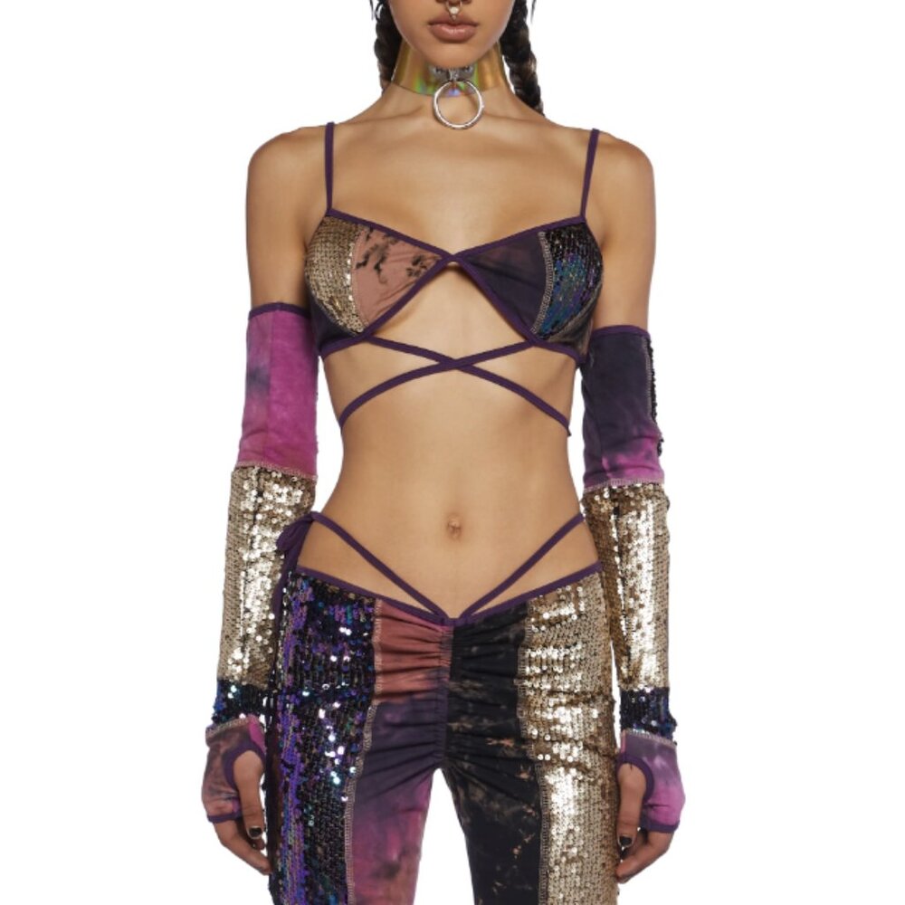 Club Exx - Sequin Bra Top + Arm Warmers Set